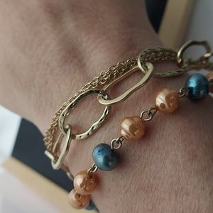 B029 Triple Row Chain & Pearl Beaded Bracelet